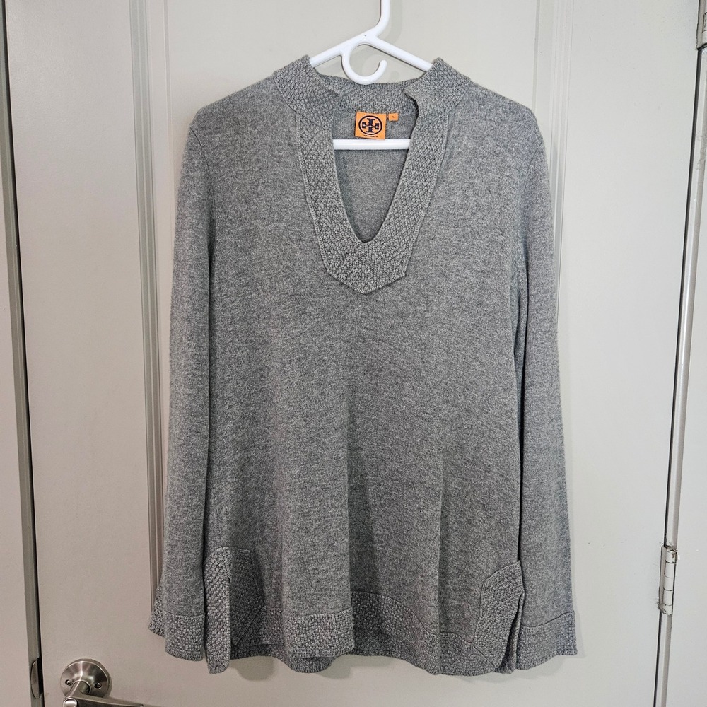 Tory Burch Womens Gray 100% Cashmere Split V-Neck Tunic Sweater‎ Size L